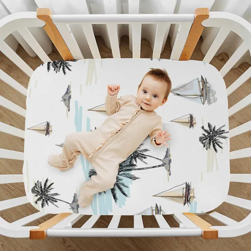 Vista 7 de Kigai Sábana bajera ajustable para cuna con diseño de veleros de palmera, suave, transpirable, para colchón de cuna estándar, acogedoras sábanas