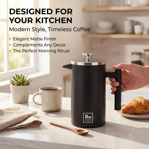 Vista 2 de Barista Warrior - Cafetera de prensa francesa, prensa francesa aislada de acero inoxidable de doble pared con termómetro integrado, cafetera de Negro