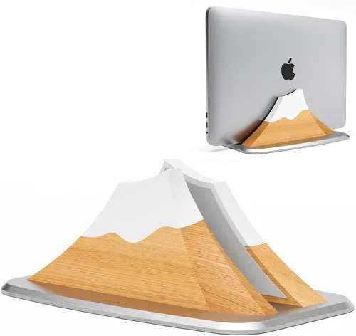 Vista 10 de AFOOYO Soporte vertical doble para laptop, soporte ajustable de madera en forma de pico de nieve, base de escritorio con 2 ranuras compatible