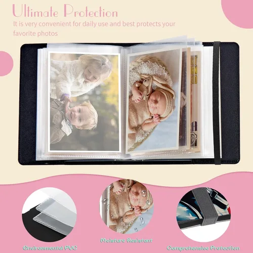 Vista 3 de Álbum de fotos de 4 x 6 pulgadas, capacidad para 60 fotos, cubierta de piel sintética, álbum de fotos con banda elástica fuerte, álbum de fotos