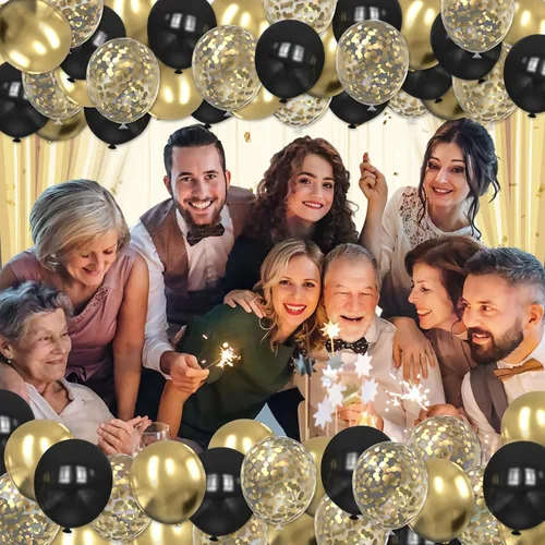 Vista 3 de 75 globos negros y dorados, globos de confeti negro y dorado de 12 pulgadas, globos de látex dorados para cumpleaños, Año Nuevo, boda, fiesta