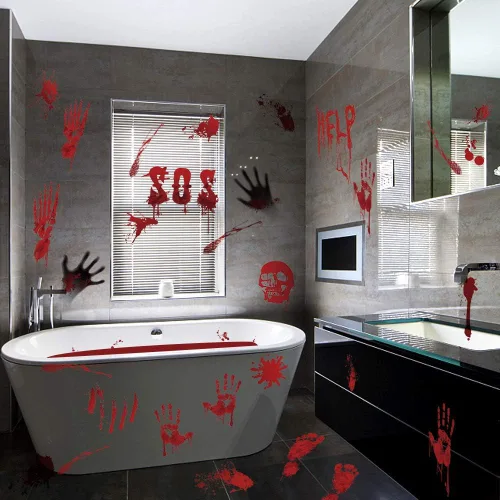 Vista 5 de Tuzuaol 119 piezas de decoraciones de Halloween sangrientas huellas de manos sangrientas de Halloween, calcomanías de cuchillo, calcomanías