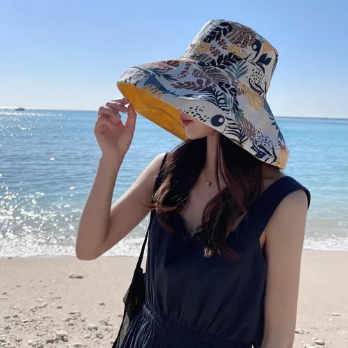 Vista 18 de Sombrero de sol de ala súper ancha para mujer, de algodón, plegable, reversible, con borde con cable, protección UV, verano, playa, viajes, jardín