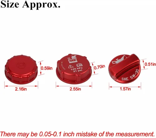 Vista 8 de YOCTM Paquete de 3 tapones rojos para depósito de refrigerante del motor + tapa de llenado de aceite + tapa de depósito de cilindro maestro de freno
