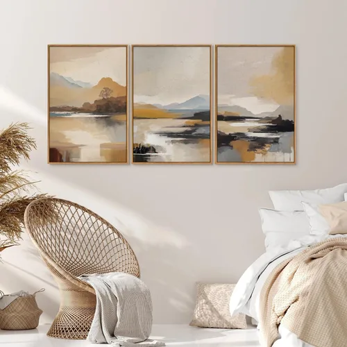 Vista 4 de Tinonedraw Arte de Pared en Lienzo Enmarcado de Paisaje de Montaña Beige, Decoración de Pared Moderna Abstracta de Mediados de Siglo, Arte de Lago