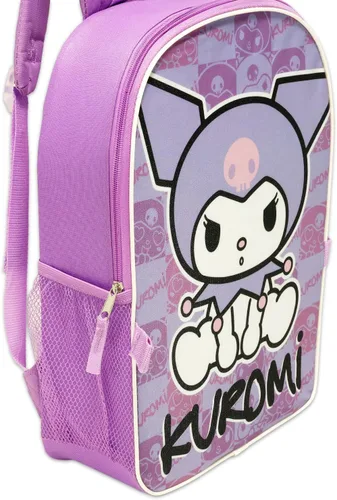 Vista 5 de Kuromi - Juego de mochila y lonchera – Paquete con mochila escolar Sanrio de 16 pulgadas, lonchera, botella de agua, tatuajes, más Kuromi mochila