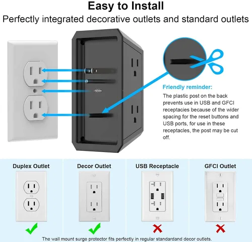 Vista 6 de Cargador de pared, protector de sobretensiones, extensor de 5 salidas con 4 puertos de carga USB (2USB-C), adaptador de enchufe múltiple de 3 lados