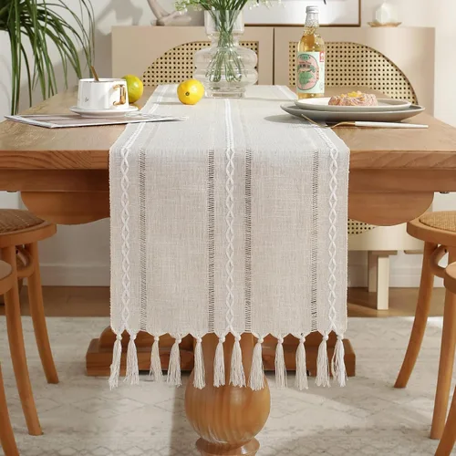 Vista 11 de Camino de mesa rústico bohemio, caminos de mesa de granja de 36 pulgadas de largo para cocina y comedor, 13 x 36 pulgadas, líneas verdes salvia