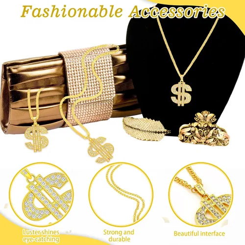 Vista 2 de Yinkin Collar de cadena de oro con colgante de signo de dólar para hombres, collar de rapero hip hop