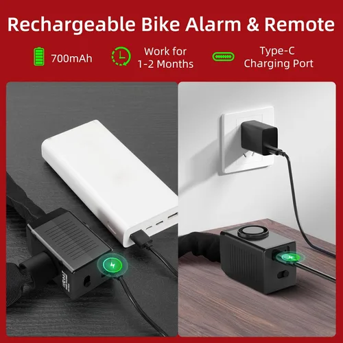 Vista 3 de BANGTING Candado de cadena de bicicleta de 4 pies resistente con alarma de 110 dB, cerradura de bicicleta resistente antirrobo con llave para Negro