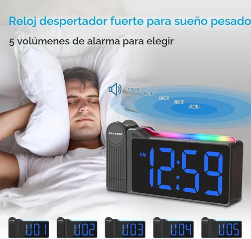 Vista 6 de Peakeep Projection Alarm Clock for Bedroom Ceiling 180° Rotatable, Loud for Heavy Sleepers, Colorful Nightlight, 5 Brightness Dimmable Large Number