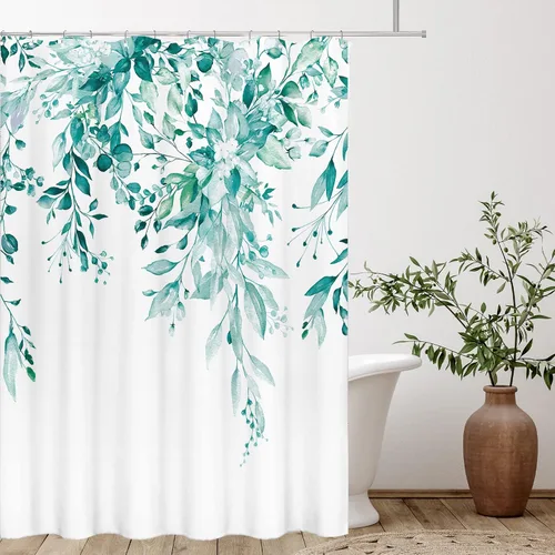 Vista 24 de Tititex - Juego de cortinas de ducha de eucalipto negro, hojas de acuarela gris en la parte superior, con decoración floral de baño, 60 x 72