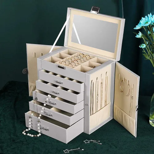 Vista 5 de Frebeauty Joyero grande, organizador de joyas de piel sintética de 6 niveles con cerradura, estuche de almacenamiento multifuncional con espejo