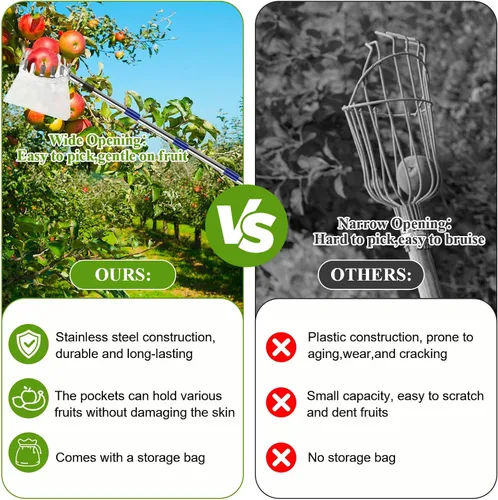 Vista 4 de Fantasyon Recolector de frutas de 13.5 pies con cesta telescópica ajustable para recoger frutas, recogedor de manzanas, recolector de cerezas