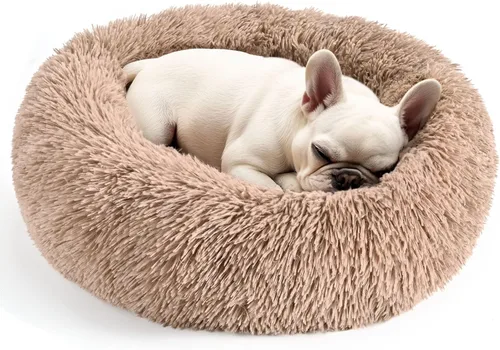 Vista 9 de Hoewina - Cama redonda, calmante, en forma de rosquilla, lavable, esponjosa para interiores, perros y gatos pequeños y medianos, negro, 20 pulgadas