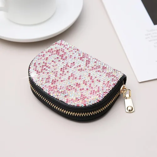 Vista 11 de AsAlways RFID Rhinestone titular de la tarjeta de crédito semicírculo multicapa cremallera caso Bling Crystal Slim pequeña cartera para mujeres