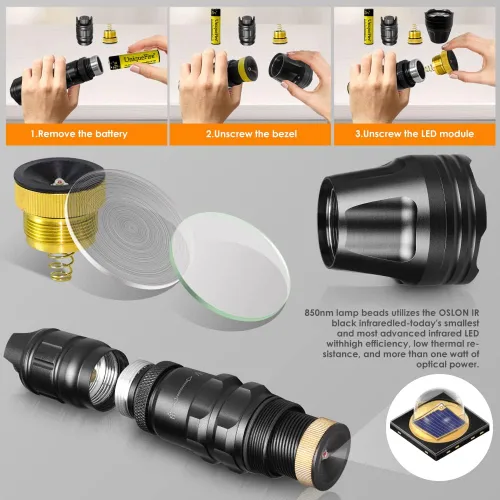 Vista 4 de UniqueFire Linterna iluminadora infrarroja LED de 5 W, 850 nm/940 nm, para visión nocturna, lente Fresnel de 1.732 pulgadas, luz iluminadora de caza