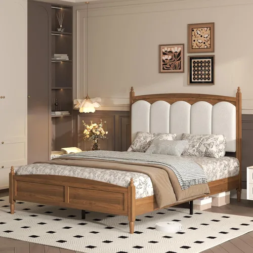 Vista 6 de Base de cama de madera tamaño Queen, cabecero copetudo de tela de peluche, sin ruido, cama de plataforma resistente de 800 libras con soporte