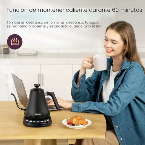 Vista 5 de COSORI Hervidor eléctrico de cuello de cisne con 5 ajustes preestablecidos de control de temperatura, hervidor para vertido sobre café y té
