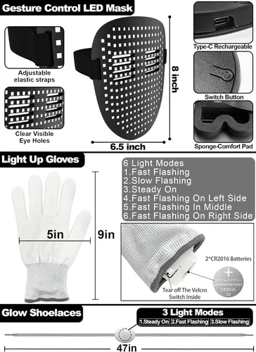 Vista 4 de Juego de 3 guantes y cordones de esqueleto con máscara LED con detección