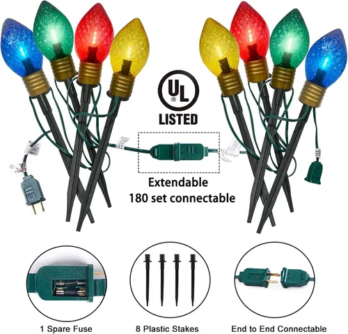 Vista 4 de Luces de camino de Navidad Jumbo C9 para exteriores, luces de Navidad jumbo de 7 pies con estacas de marcador de camino y 4 bombillas LED