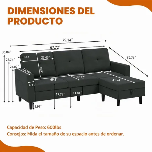 Vista 2 de Sofás seccionales para sala de estar, sofá en forma de L, sofás seccionales convertibles de 3 asientos con otomana de almacenamiento extraíble, tela