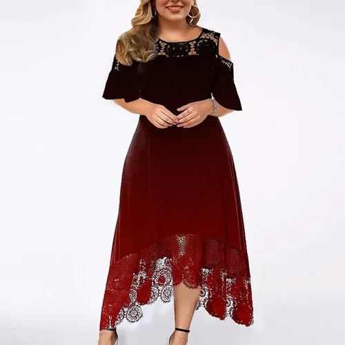 Vista 2 de Vestidos de talla grande para mujer, vestido de verano 2023, elegante, sexy, entallado, con encaje, retazos, manga con volantes, vestido de invitada
