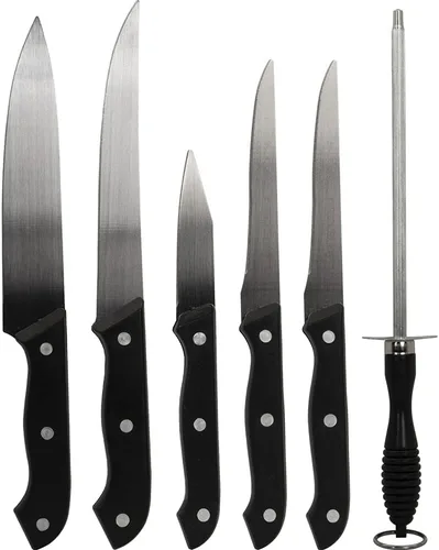 Vista 3 de CK6PC E4DGCK6PC - Juego de cuchillos de 5 piezas con tabla de cortar y acero para afilar con afilador manual Deco Essentials de 3 ranuras y guantes