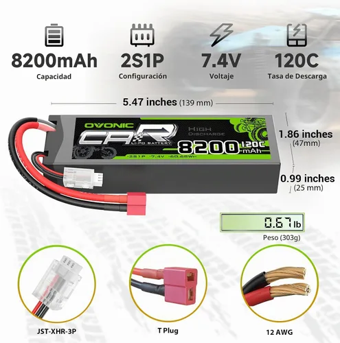 Vista 2 de OVONIC 2S Lipo Batería 7.4V 8200mAh 120C Lipo con conector T (paquete de 2)