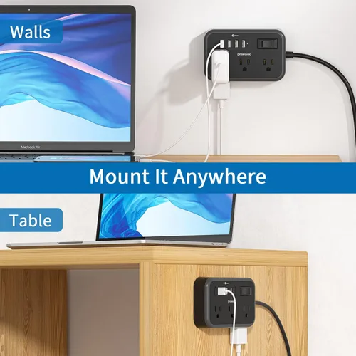 Vista 7 de NTONPOWER - Cable de extensión de enchufe plano de 10 pies, regleta de alimentación con 6 salidas ampliamente espaciadas (2 lados) con 4 puertos