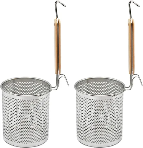 Vista 8 de Colador de Pasta de Acero Inoxidable, 2 piezas Colador de Fideos y Dumplings de Alimentos Microperforado con Mango de Madera, Cestas para Colar