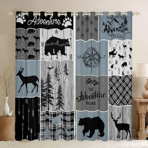 Vista 17 de Cortinas rústicas retro de cabaña, cortinas opacas de oso ciervo, 38 pulgadas de ancho x 45 pulgadas de largo, 2 paneles, cortinas de caza