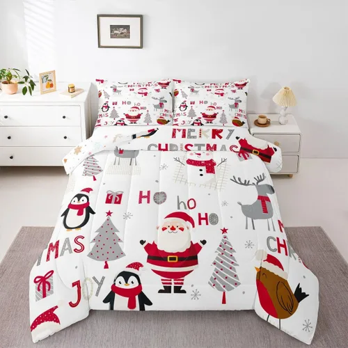 Vista 9 de Erosebridal Lindo juego de edredón de pingüino de dibujos animados, ropa de cama de Feliz Navidad, tamaño individual, regalos de Papá Noel