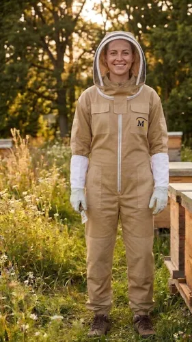 Vista 3 de MS Traje de apicultor de algodón de abeja con un par de guantes y velo de esgrima