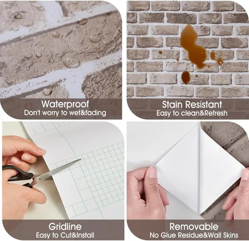Vista 7 de Coavas Papel tapiz de ladrillo despegable y adhesivo, papel de contacto marrón de ladrillo sintético, 17.7 x 118.1 pulgadas, papel de pared adhesivo