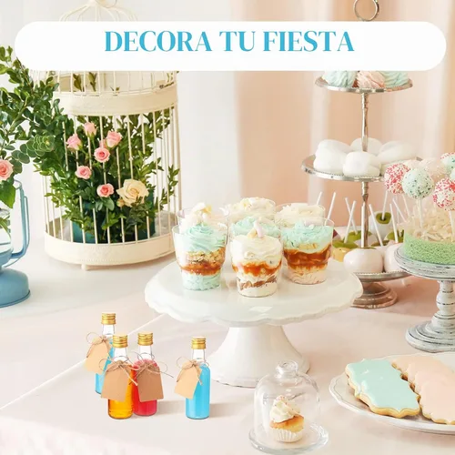 Vista 6 de Yinder Juego de 100 mini botellas de licor de 1.7 onzas a granel pequeñas botellas vacías de plástico con tapas, embudos de papel Kraft, cuerdas