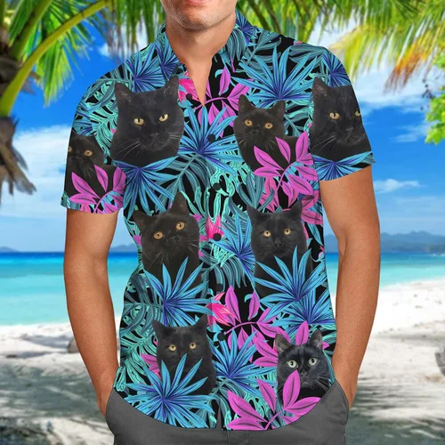 Vista 3 de Cat - Camisa hawaiana para hombre, camisa de verano con botones de gato tropical, unisex, divertida camisa casual de manga corta para hombre
