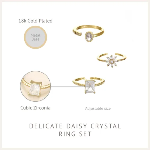 Vista 3 de Ettika Juego de anillos chapados en oro de 18 quilates para mujer. Delicado juego de anillos ajustables de cristal de margarita. Joyería y accesorio