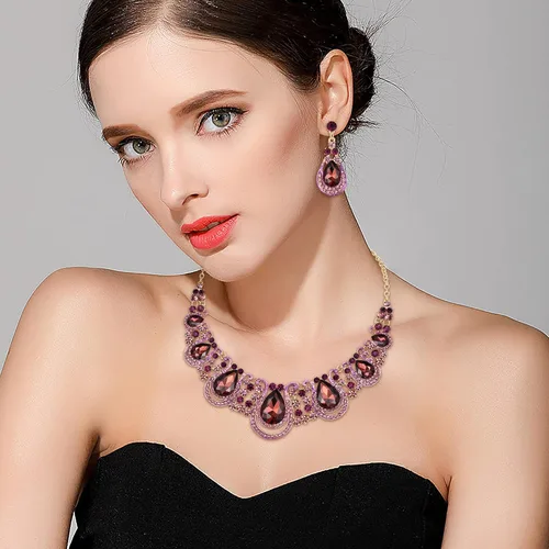 Vista 2 de BriLove Women's Costume Fashion Crystal Teardrop Hollow Scroll Statement Necklace Dangle Earrings Set