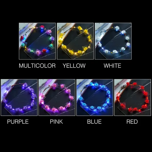 Vista 6 de 7 diademas con corona de flores LED, diademas de flores iluminadas para mujeres, guirnaldas florales brillantes para bodas, playa, fiestas