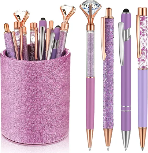 Vista 9 de Sabary 8 bolígrafos negros con soporte para bolígrafo para escritorio, con purpurina, diamantes de cristal, bonito soporte para lápices, organizador