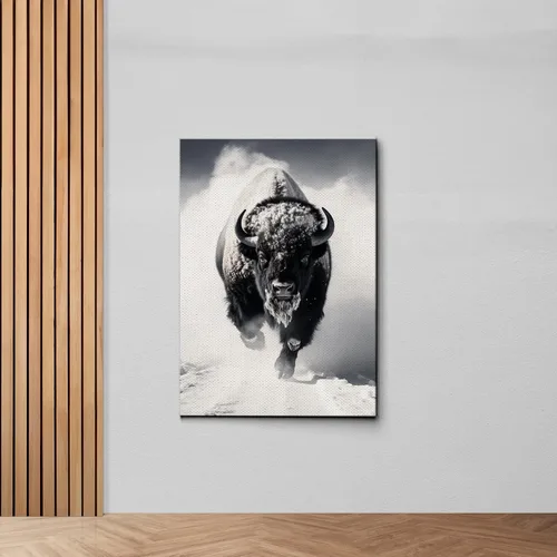 Vista 7 de Lienzo enmarcado para pared, diseño de búfalo de bisonte blanco y negro, animales de paisaje, vida silvestre, arte digital, realismo, decorativo