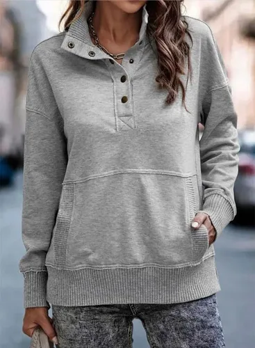 Vista 3 de SHEWIN Sudadera casual de manga larga para mujer, ligera, con botones, holgada, sin botones
