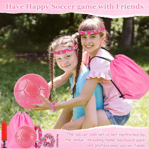 Vista 6 de DLUGOPIS Size 4 Pink Glitter Soccer Ball with Air Pump Sets Toddler Soccer Ball Multiple Size for Kids Aged 4-8 8-12 Boys Girls Youth Gifts Outdoor