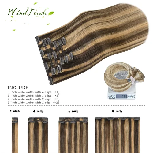 Vista 51 de WindTouch - Extensiones de cabello humano real con clip, color marrón claro a rubio con reflejos #6P613, 22 pulgadas, 4.33 onzas, 7 piezas #6p613