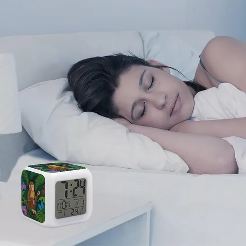 Vista 5 de Cute Monkey Print Alarm Clock with 7 Color Changing Night Light OK to Wake Clocks with Temperature Display Sleep Training and Sound Machine Sleep