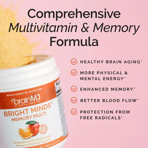 Vista 2 de BrainMD Dr Amen Bright Minds Memory Multi, sabor naranja y mango, polvo de 5.4 onzas, soporte multivitamínico y de memoria, sin gluten, sin azúcar