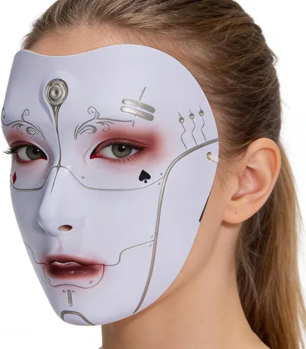 Vista 5 de Cyberpunk Poker Robot Mask for Teens & Adults (Ages 14+), White Mechanical Doll Mask with Playing Card Patterns Multicolor