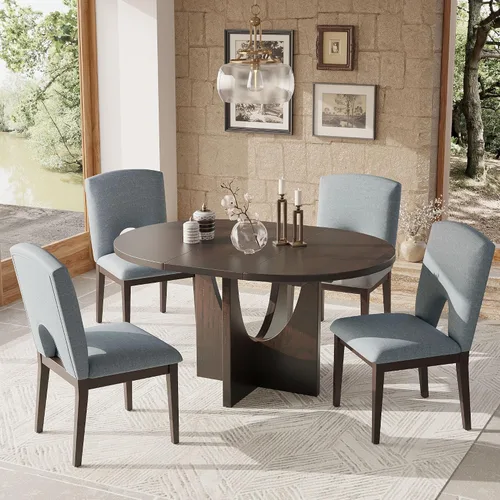 Vista 24 de Farmhouse - Juego de mesa de comedor de 5 piezas, mesa de comedor redonda extensible con 4 cómodas sillas tapizadas, juego de muebles funcionales
