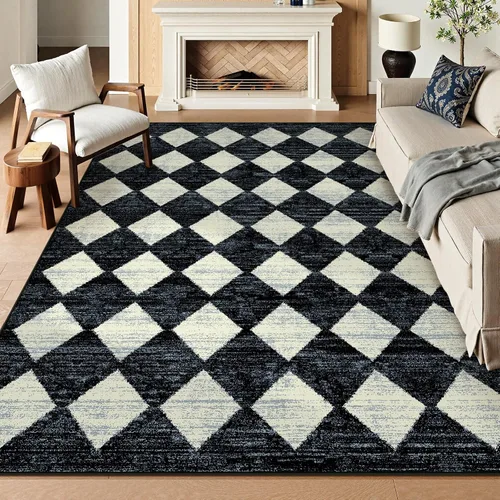 Vista 46 de Lahome - Tapete con diseño de entramado marroquí, a cuadros, pequeño, suave y antideslizante, moderno, resistente a las manchas, para puerta Negro